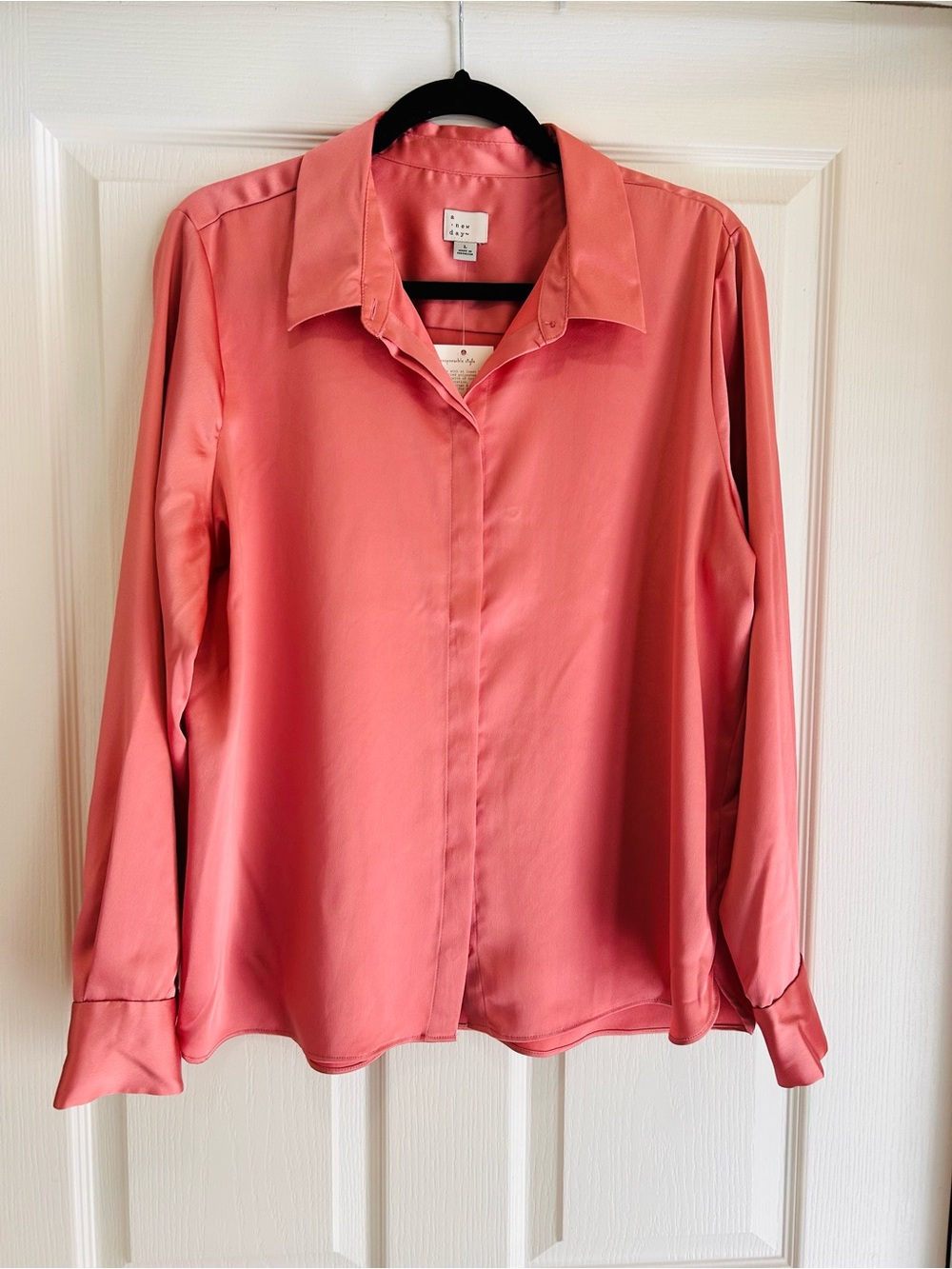 a new day Coral Satin-like Button-Front Long-Sleeve Shirt